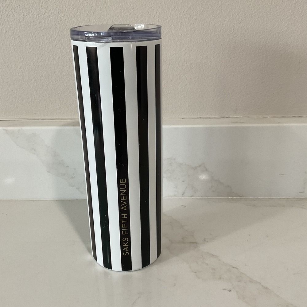 Saks Fifth Avenue Tumbler Iconic Black Stripe Water Coffee Mug 20oz White Gold
